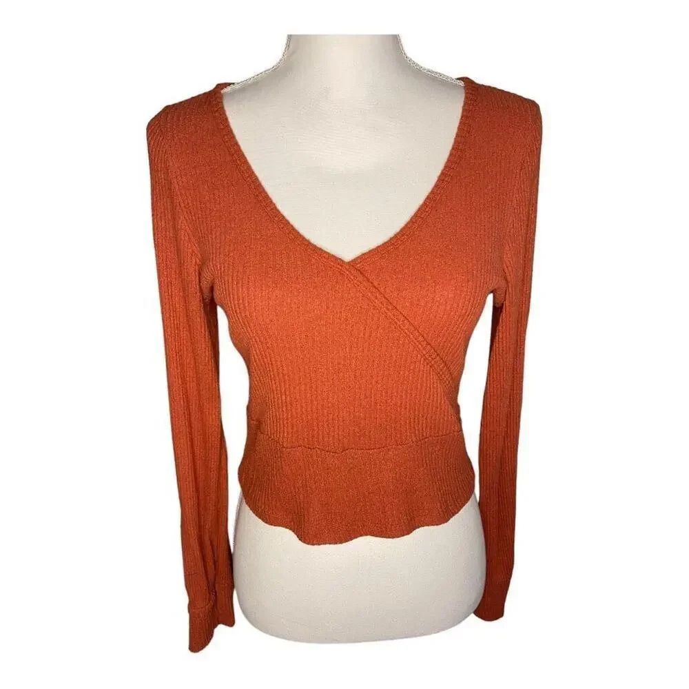 Hollister Rust Orange Ribbed Wrap Crop Top